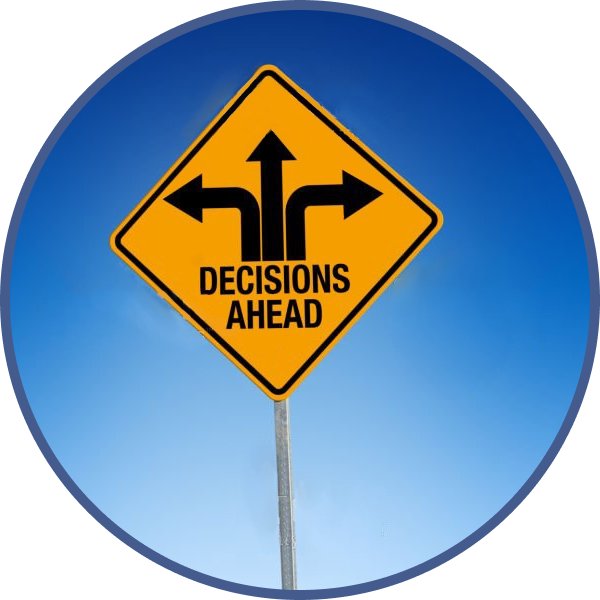yellow road sign with 3 arrows reading "Decisions ahead"